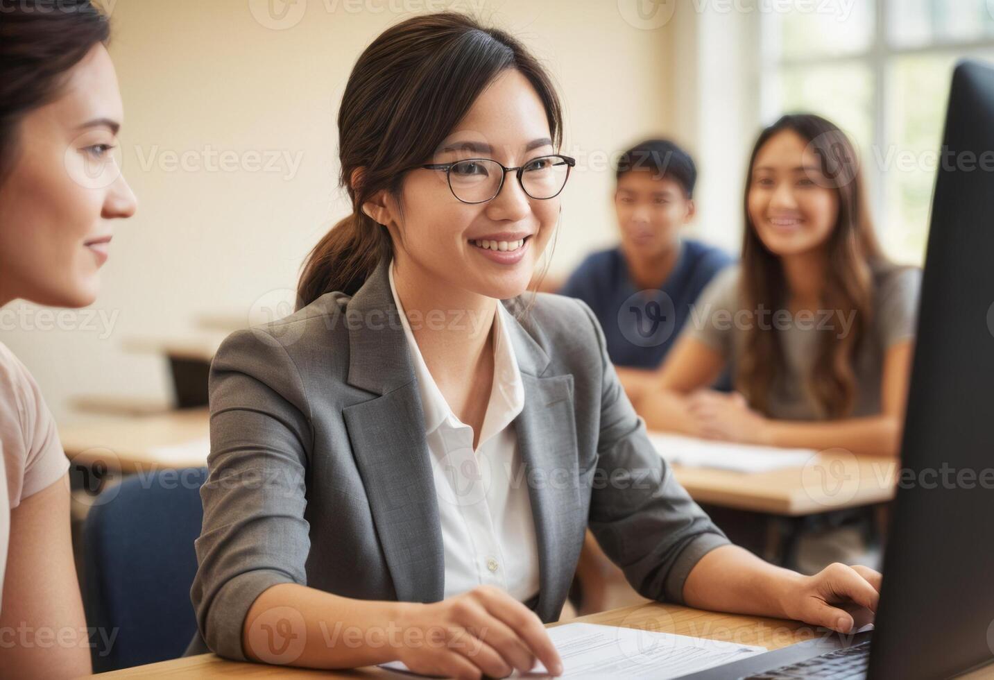 AI Generated Students work together in a computer lab, engaged with their studies and digital resources. photo