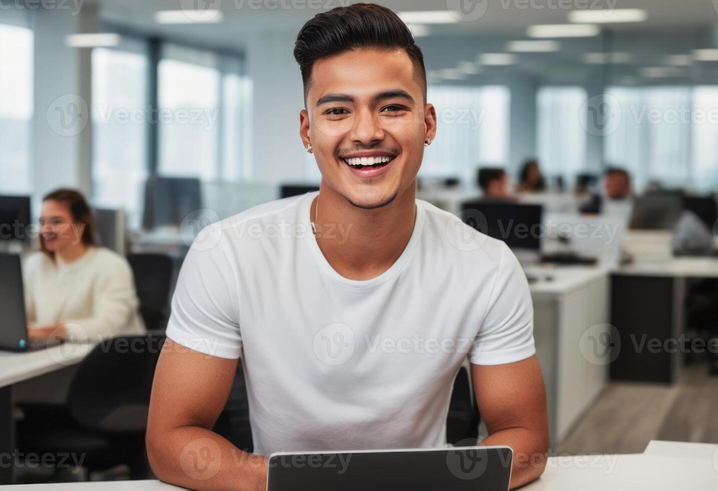AI Generated Man in white shirt focused on his laptop work. Professional and driven corporate setting. photo