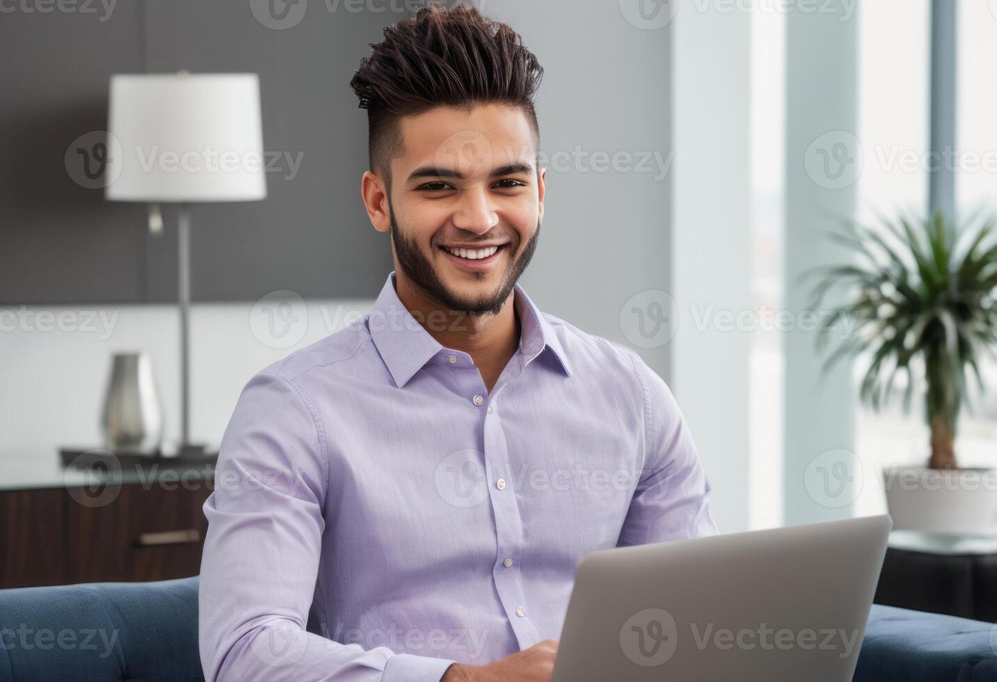 AI Generated Man in a casual shirt working on a laptop in a co-working space. Relaxed yet productive atmosphere. photo