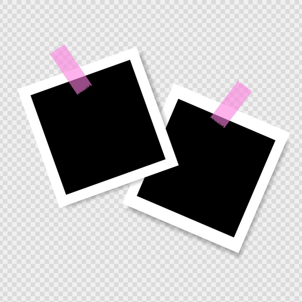 Set of photo frame mockup scrapbook realistic with shadows and pink stickers on background. Vector illustration