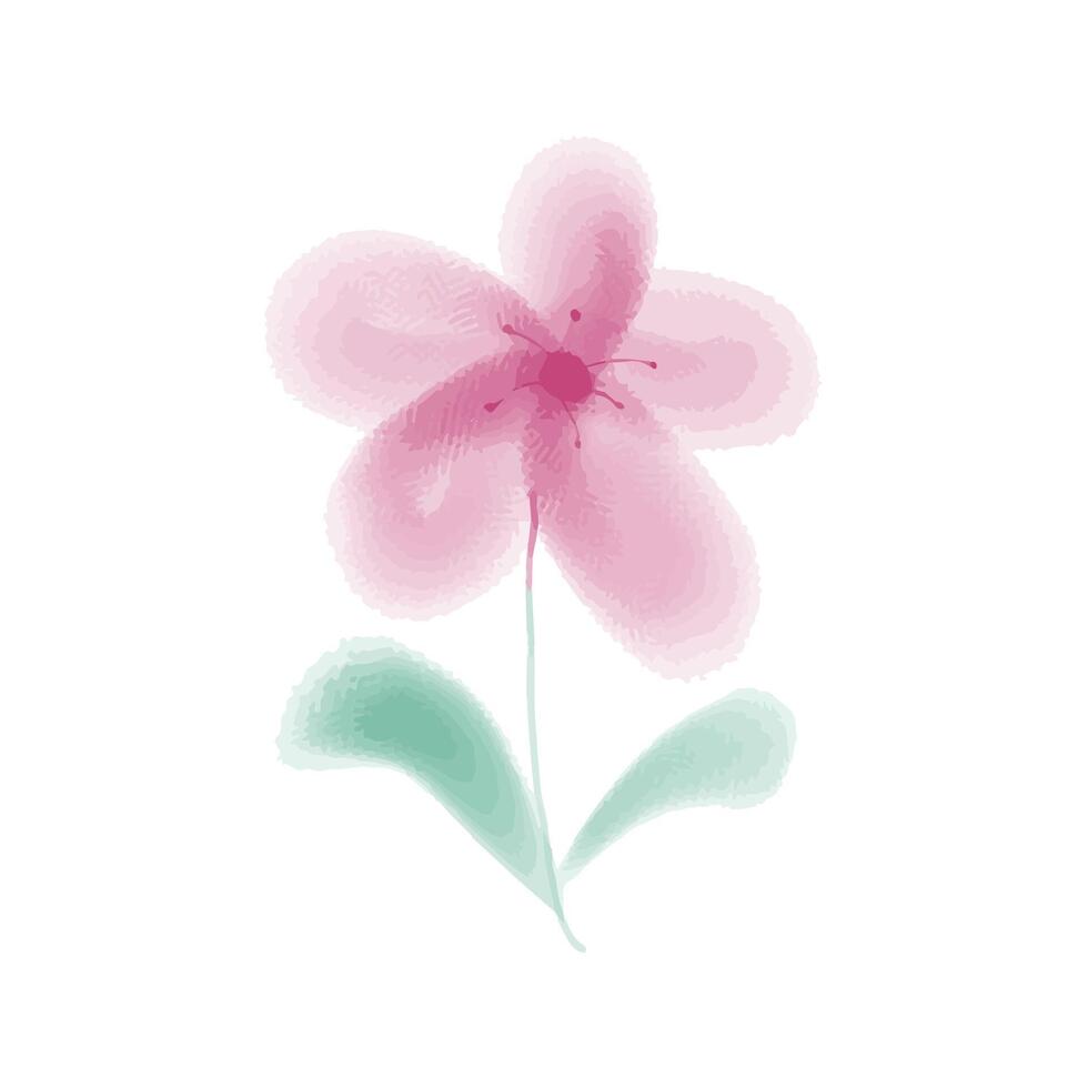 Pink flower with green leaves watercolor. Isolated on white background. Vector illustration