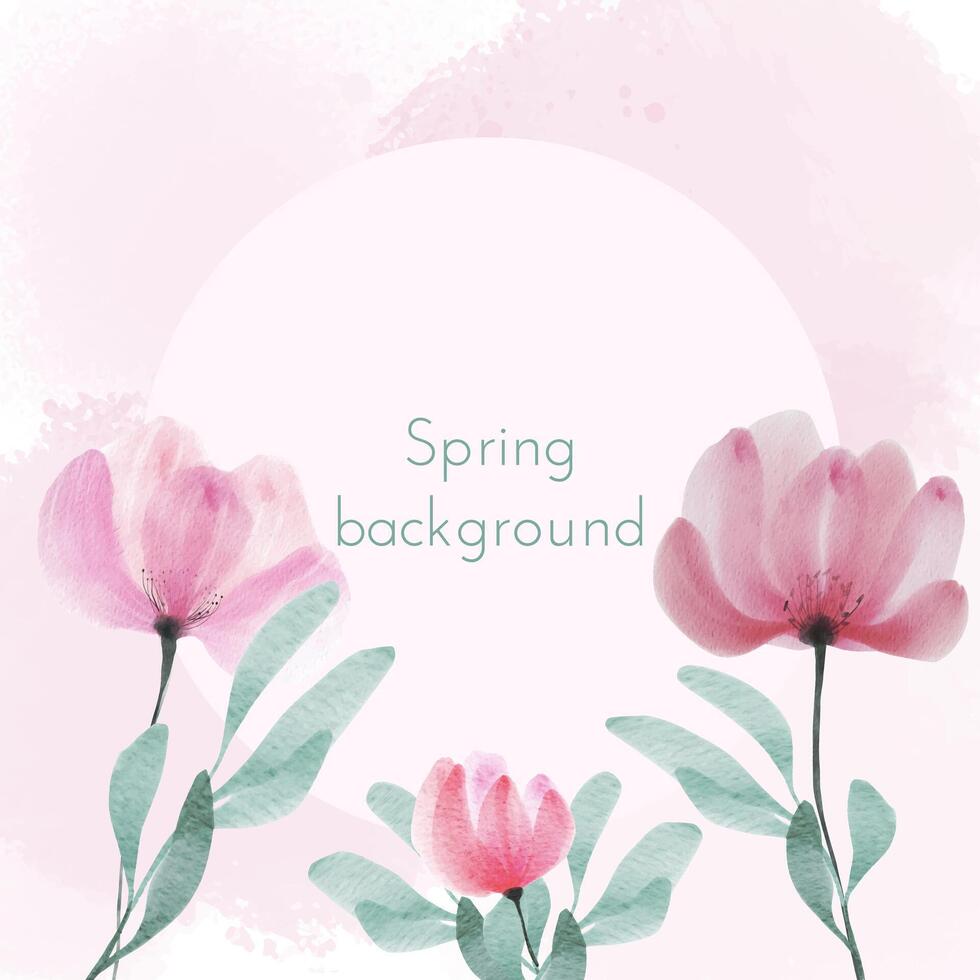 Spring pastel background with watercolor flowers and leaves. Watercolor pink art design suitable for presentation, banner, card, social media. Round frame inside vector