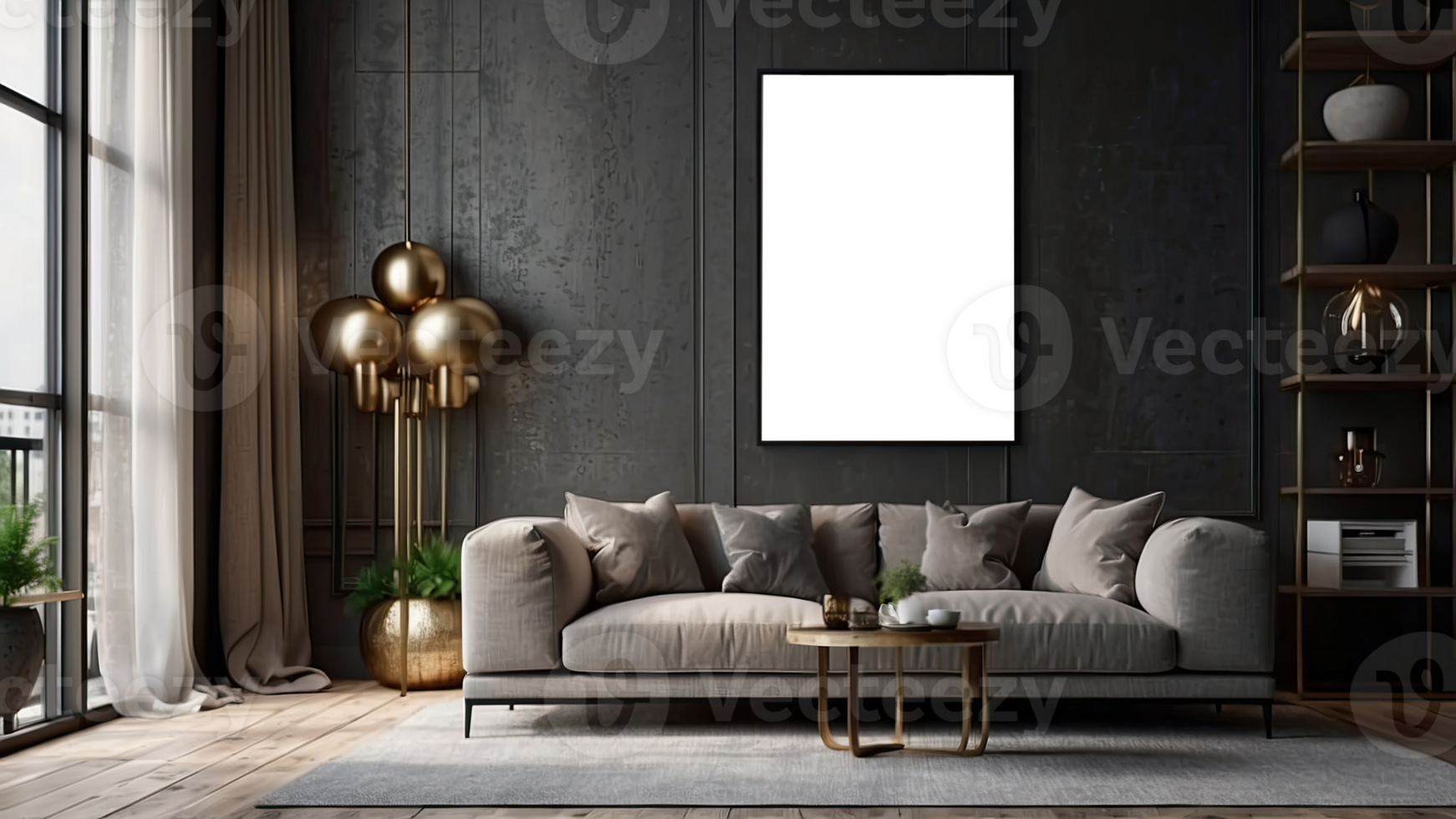 AI generated interior in loft, industrial style, 3d, mock up poster frame in modern interior png