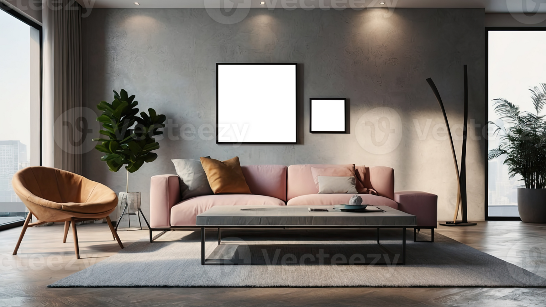 AI generated interior in loft, industrial style, 3d, mock up poster frame in modern interior. png