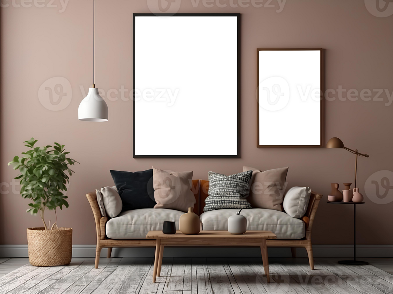 AI Generated Modern interior with AI-generated mockup paintings on the wall, created using artificial intelligence AI generation png