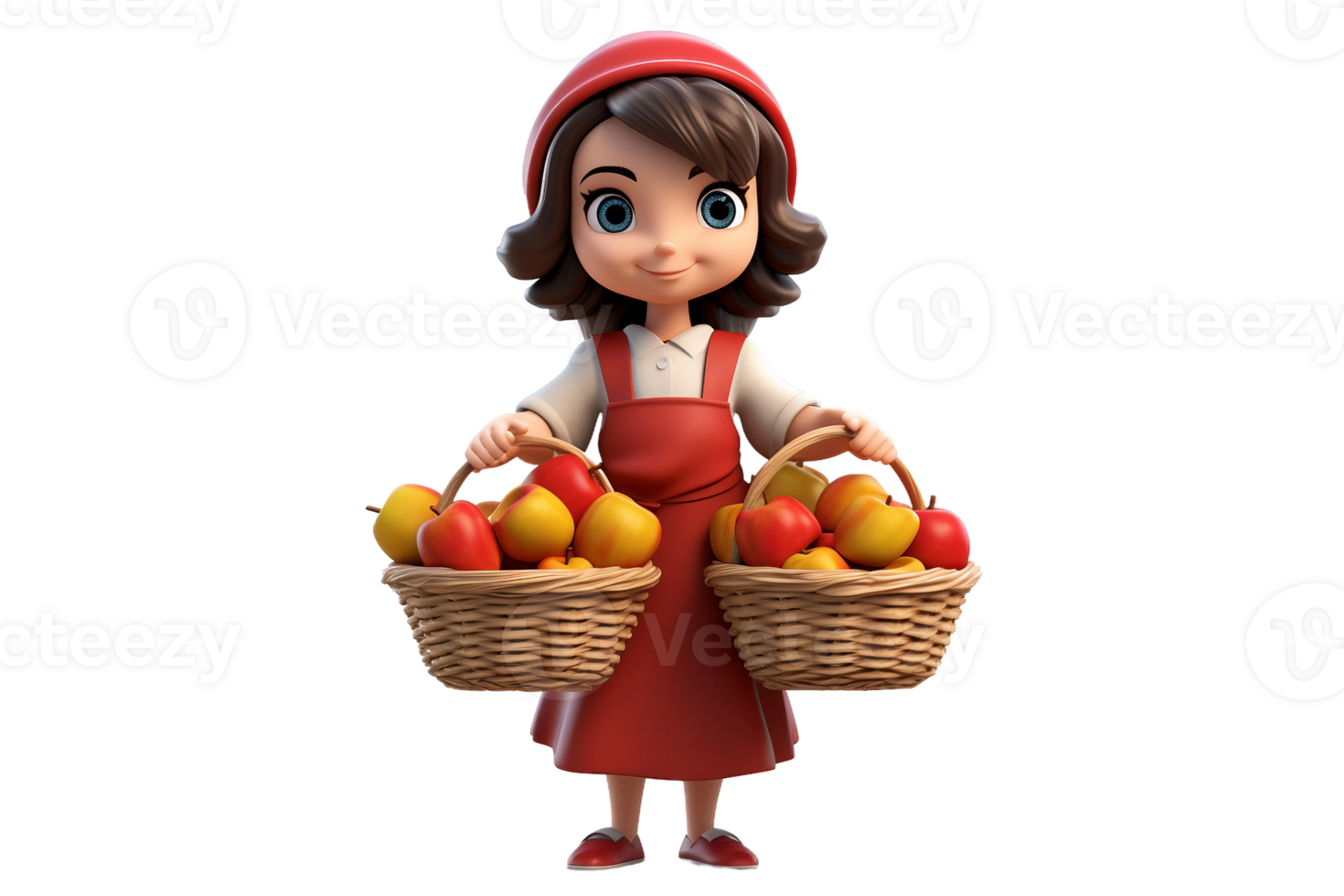 AI generated 3D Cartoon Female Character Holding a Basket of Apples on Transparent Background. png