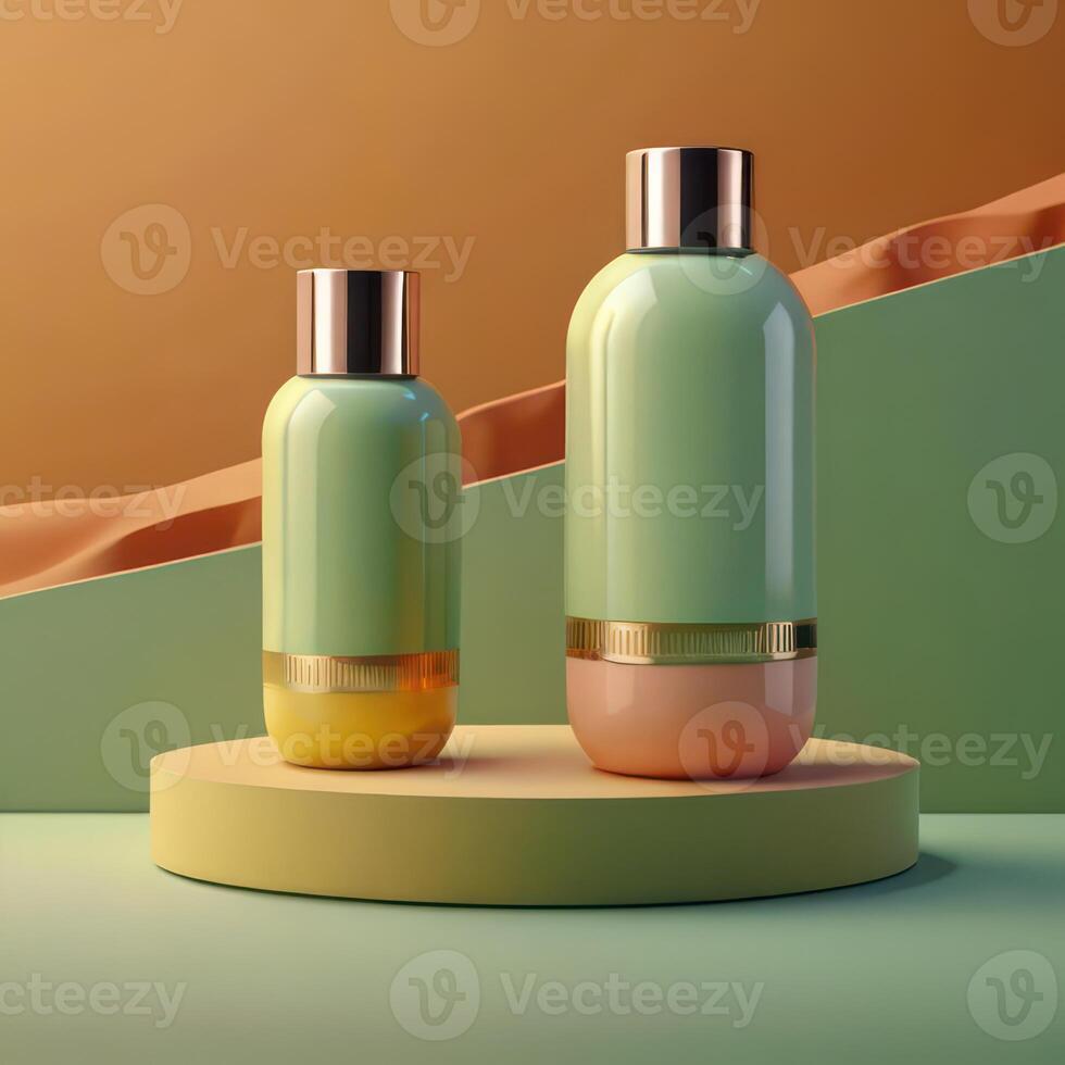 AI generated Two light green cosmetic beauty product podiums, pastel orange yellow gradient background, minimal mockup background for product cosmetic presentation 3d rendering photo