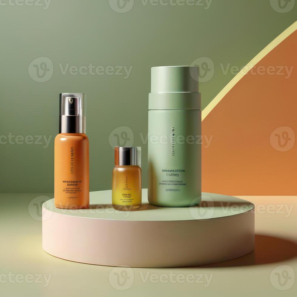 AI generated Two light green cosmetic beauty product podiums, pastel orange yellow gradient background, minimal mockup background for product cosmetic presentation 3d rendering photo