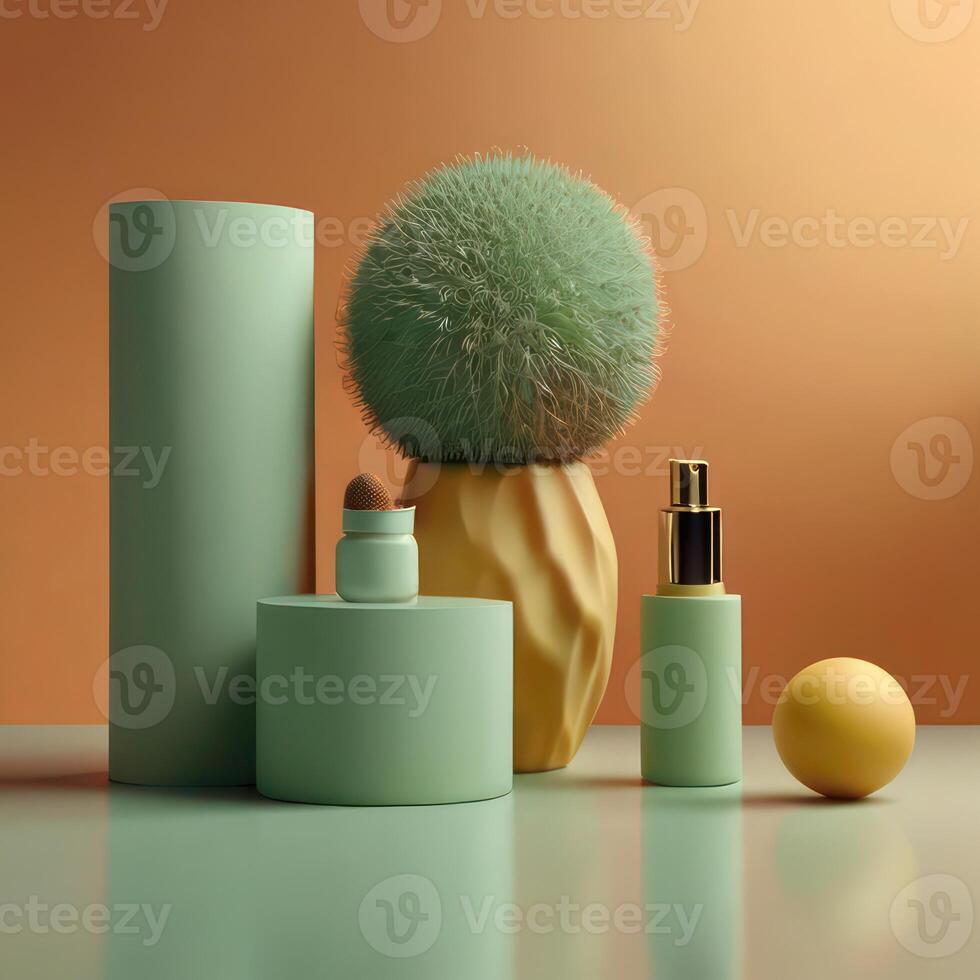 AI generated Two light green cosmetic beauty product podiums, pastel orange yellow gradient background, minimal mockup background for product cosmetic presentation 3d rendering photo