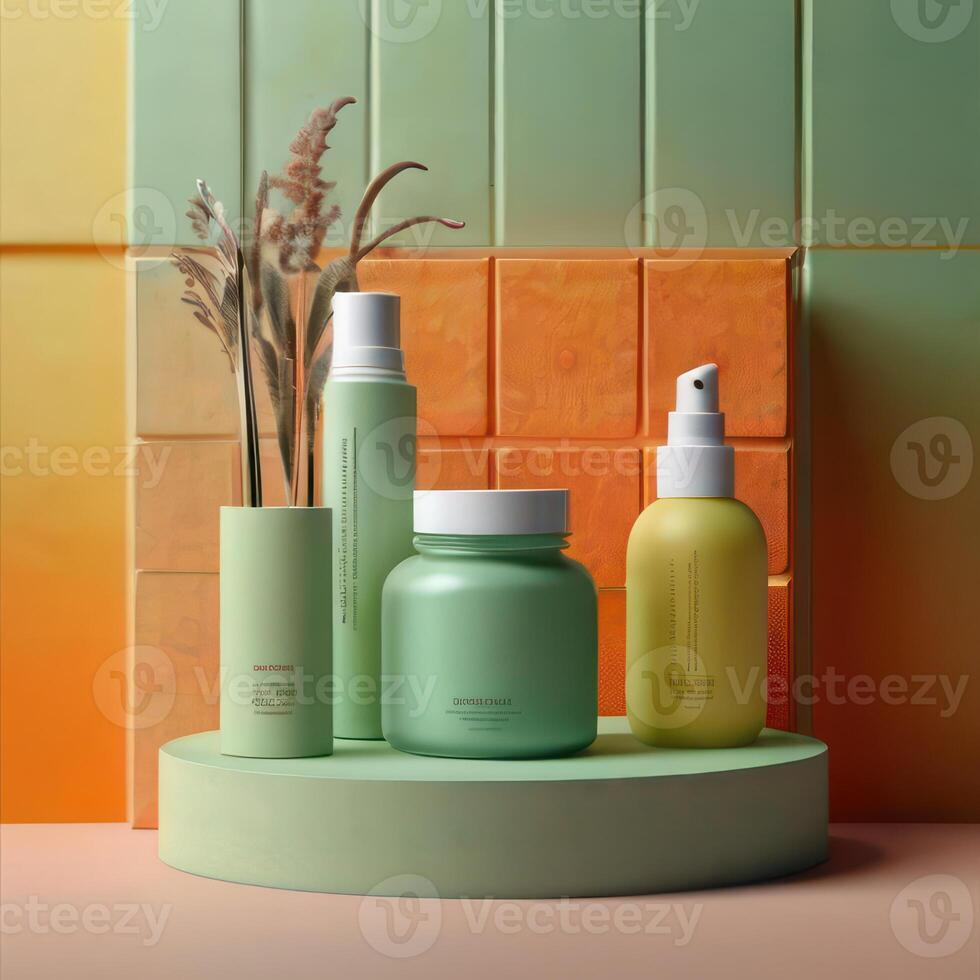 AI generated Two light green cosmetic beauty product podiums, pastel orange yellow gradient background, minimal mockup background for product cosmetic presentation 3d rendering photo