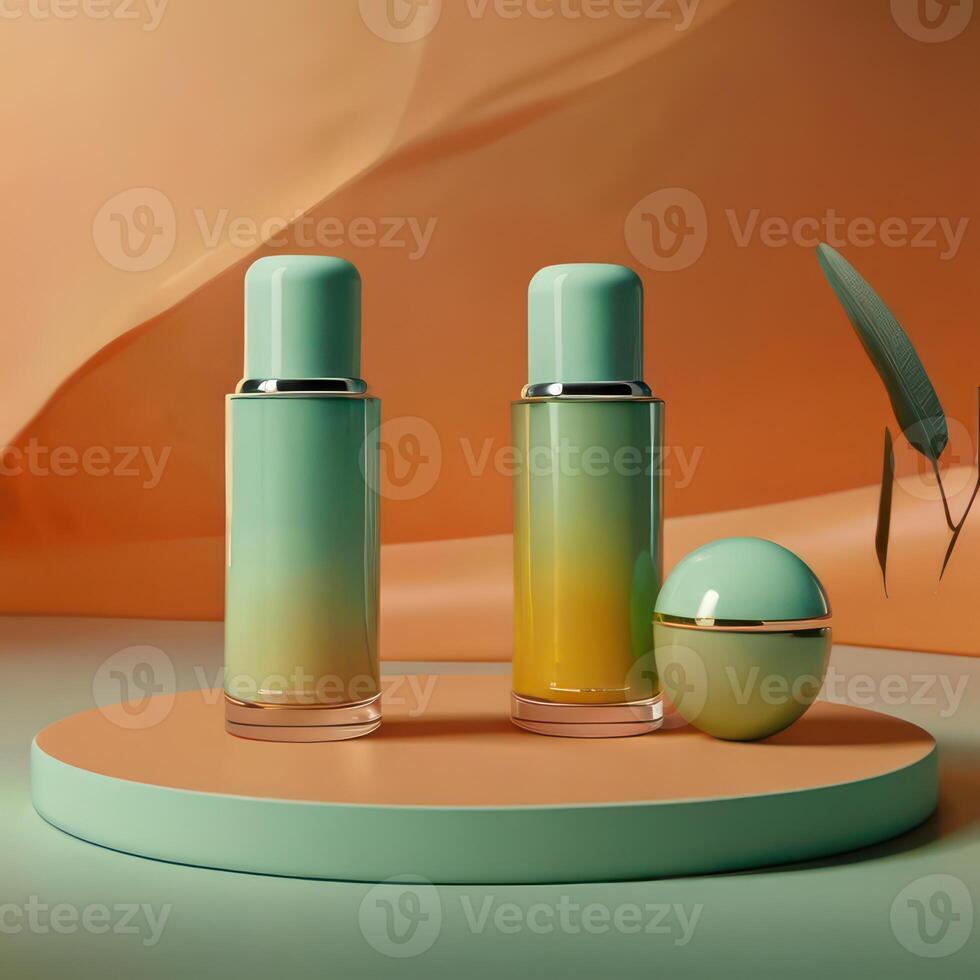 AI generated Two light green cosmetic beauty product podiums, pastel orange yellow gradient background, minimal mockup background for product cosmetic presentation 3d rendering photo