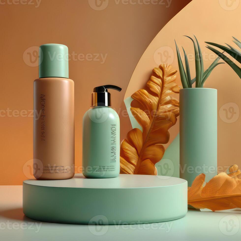 AI generated Two light green cosmetic beauty product podiums, pastel orange yellow gradient background, minimal mockup background for product cosmetic presentation 3d rendering photo