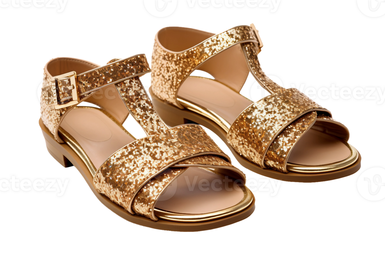 AI generated Glittery Gold Sandals on transparent background. png