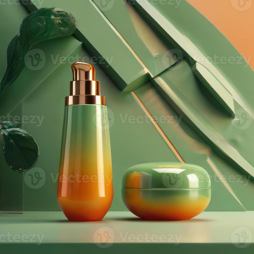 AI generated Two light green cosmetic beauty product podiums, pastel orange yellow gradient background, minimal mockup background for product cosmetic presentation 3d rendering photo