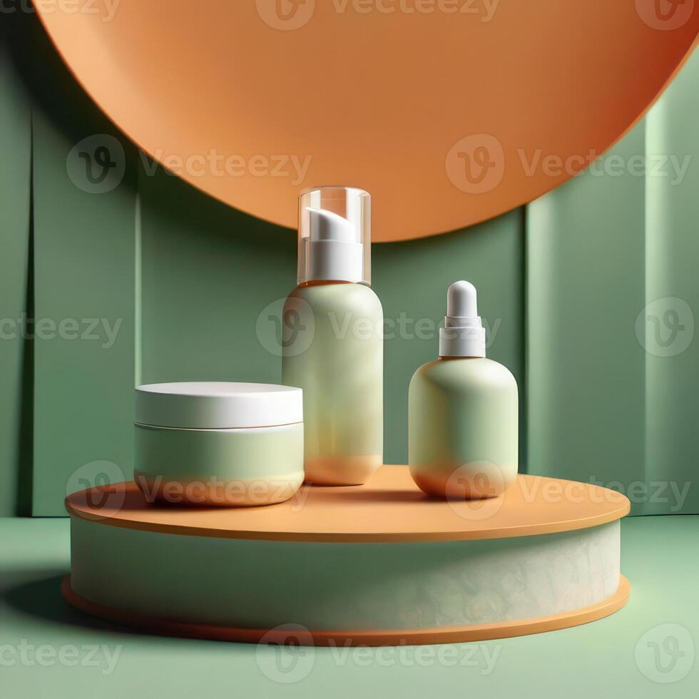 AI generated Two light green cosmetic beauty product podiums, pastel orange yellow gradient background, minimal mockup background for product cosmetic presentation 3d rendering photo