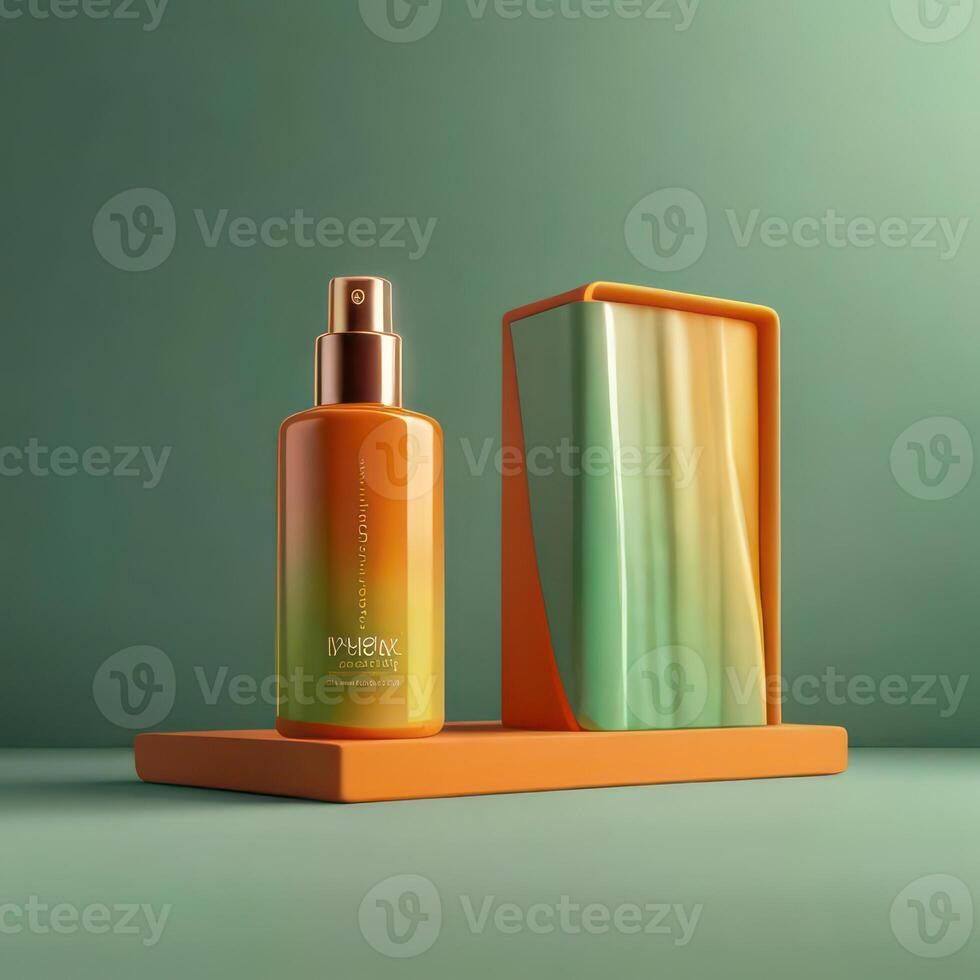 AI generated Two light green cosmetic beauty product podiums, pastel orange yellow gradient background, minimal mockup background for product cosmetic presentation 3d rendering photo