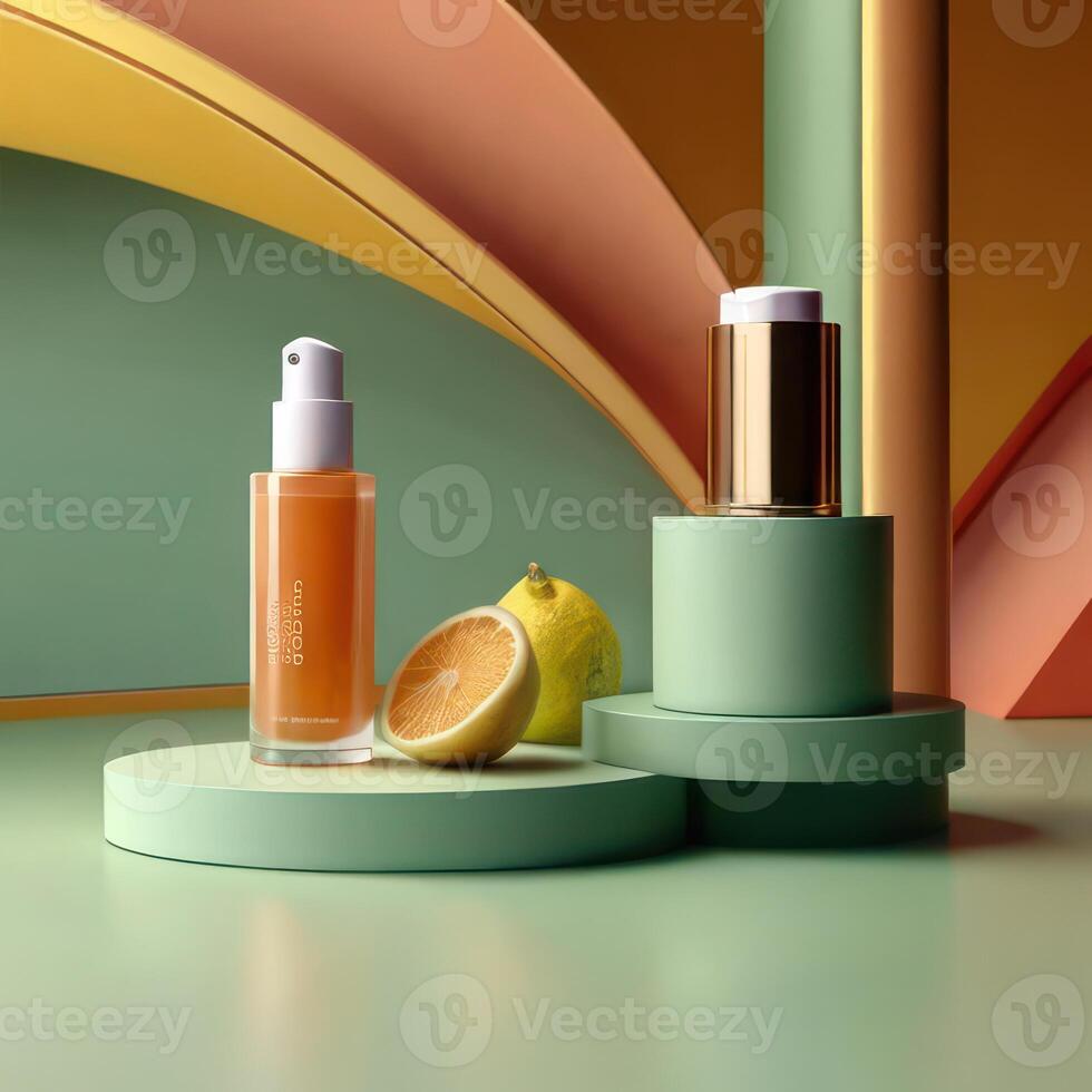 ai generado dos ligero verde cosmético belleza producto podios, pastel naranja amarillo degradado fondo, mínimo Bosquejo antecedentes para producto cosmético presentación 3d representación foto