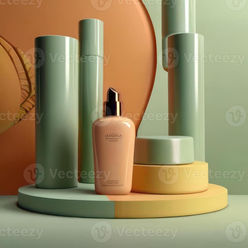 AI generated Two light green cosmetic beauty product podiums, pastel orange yellow gradient background, minimal mockup background for product cosmetic presentation 3d rendering photo