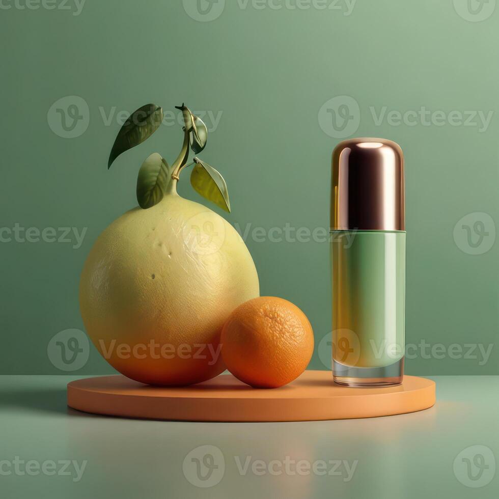 AI generated Two light green cosmetic beauty product podiums, pastel orange yellow gradient background, minimal mockup background for product cosmetic presentation 3d rendering photo