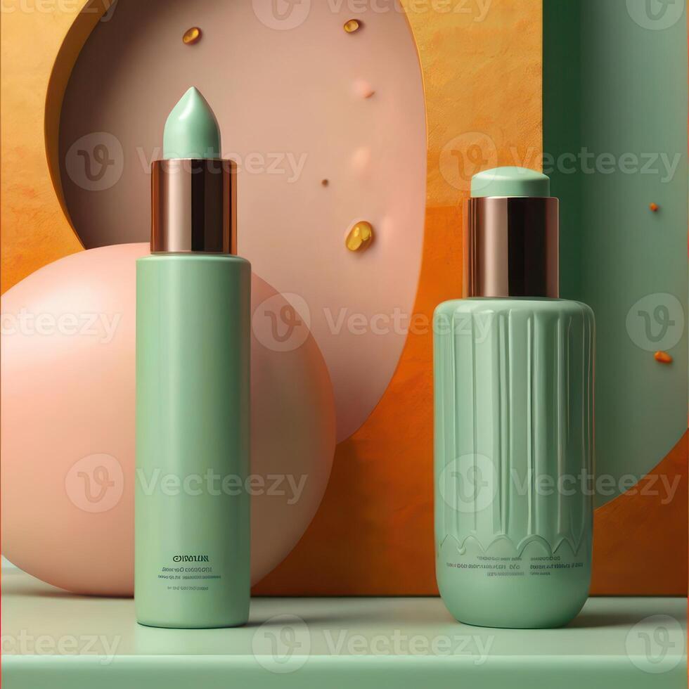 AI generated Two light green cosmetic beauty product podiums, pastel orange yellow gradient background, minimal mockup background for product cosmetic presentation 3d rendering photo