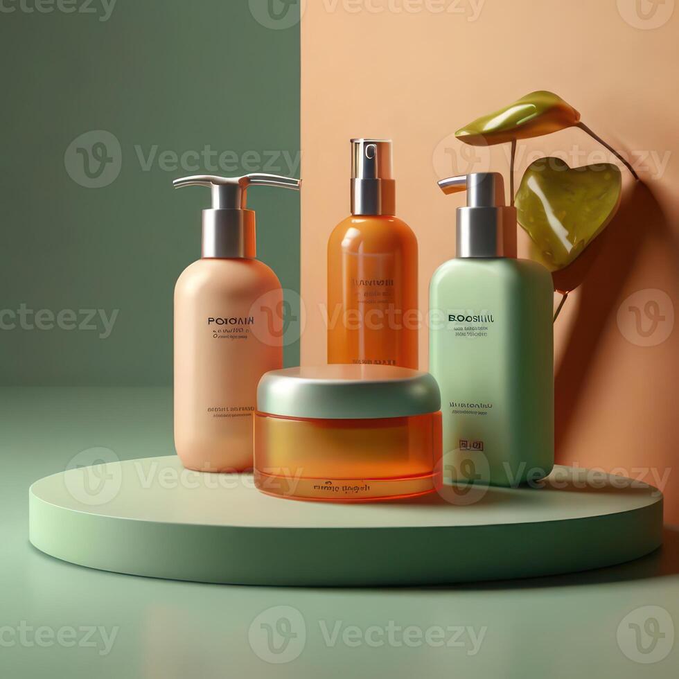 AI generated Two light green cosmetic beauty product podiums, pastel orange yellow gradient background, minimal mockup background for product cosmetic presentation 3d rendering photo