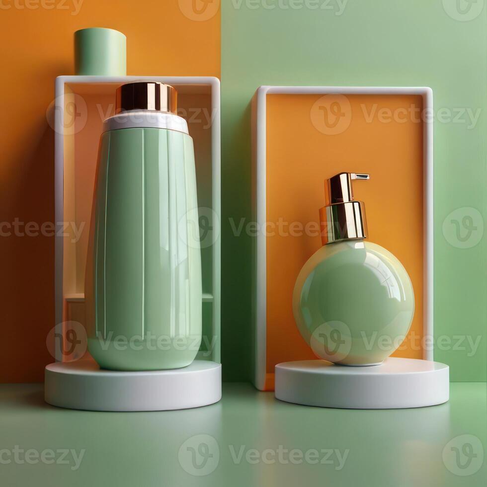 AI generated Two light green cosmetic beauty product podiums, pastel orange yellow gradient background, minimal mockup background for product cosmetic presentation 3d rendering photo