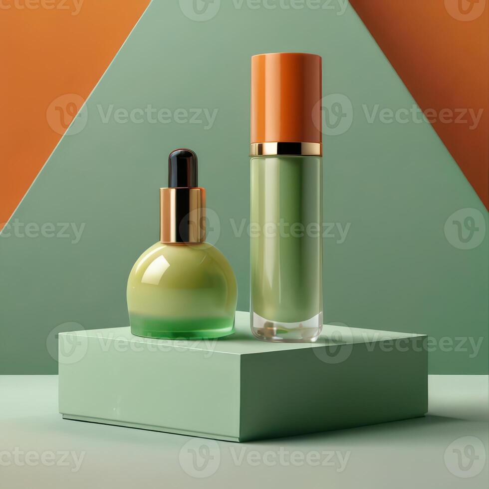 AI generated Two light green cosmetic beauty product podiums, pastel orange yellow gradient background, minimal mockup background for product cosmetic presentation 3d rendering photo