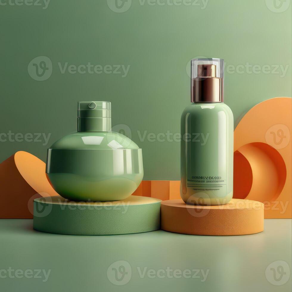 AI generated Two light green cosmetic beauty product podiums, pastel orange yellow gradient background, minimal mockup background for product cosmetic presentation 3d rendering photo