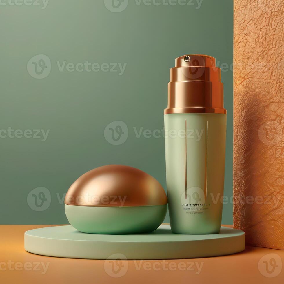 AI generated Two light green cosmetic beauty product podiums, pastel orange yellow gradient background, minimal mockup background for product cosmetic presentation 3d rendering photo