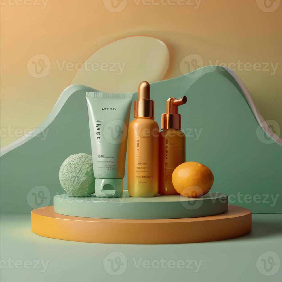 AI generated Two light green cosmetic beauty product podiums, pastel orange yellow gradient background, minimal mockup background for product cosmetic presentation 3d rendering photo