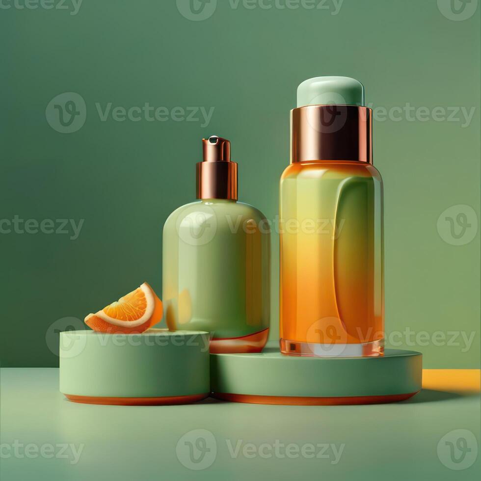 AI generated Two light green cosmetic beauty product podiums, pastel orange yellow gradient background, minimal mockup background for product cosmetic presentation 3d rendering photo