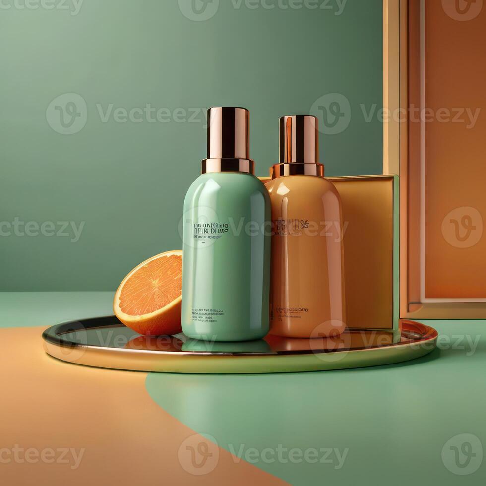 AI generated Two light green cosmetic beauty product podiums, pastel orange yellow gradient background, minimal mockup background for product cosmetic presentation 3d rendering photo