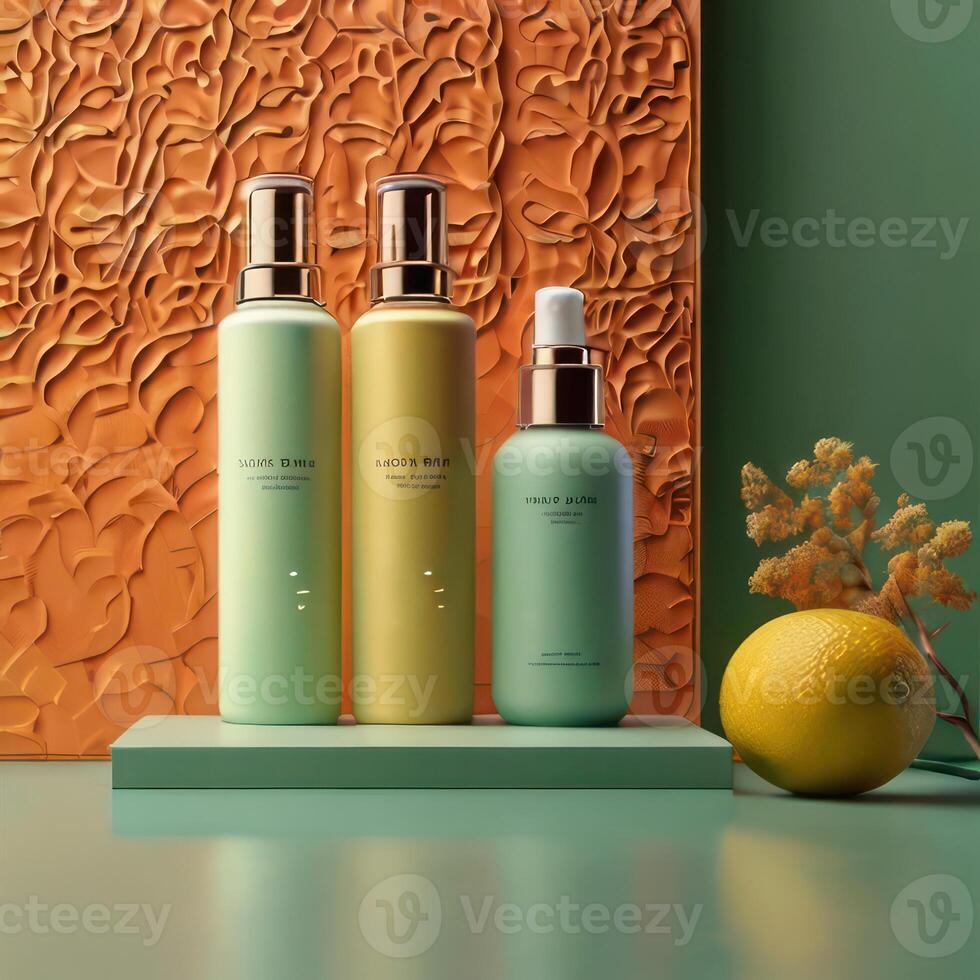 AI generated Two light green cosmetic beauty product podiums, pastel orange yellow gradient background, minimal mockup background for product cosmetic presentation 3d rendering photo