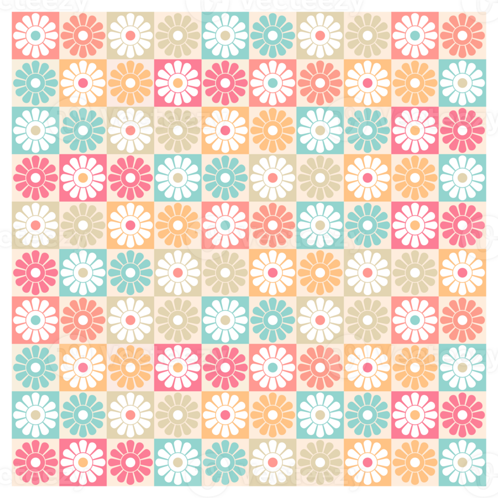 Retro Mid Century Daisy Flowers Checked Pattern png