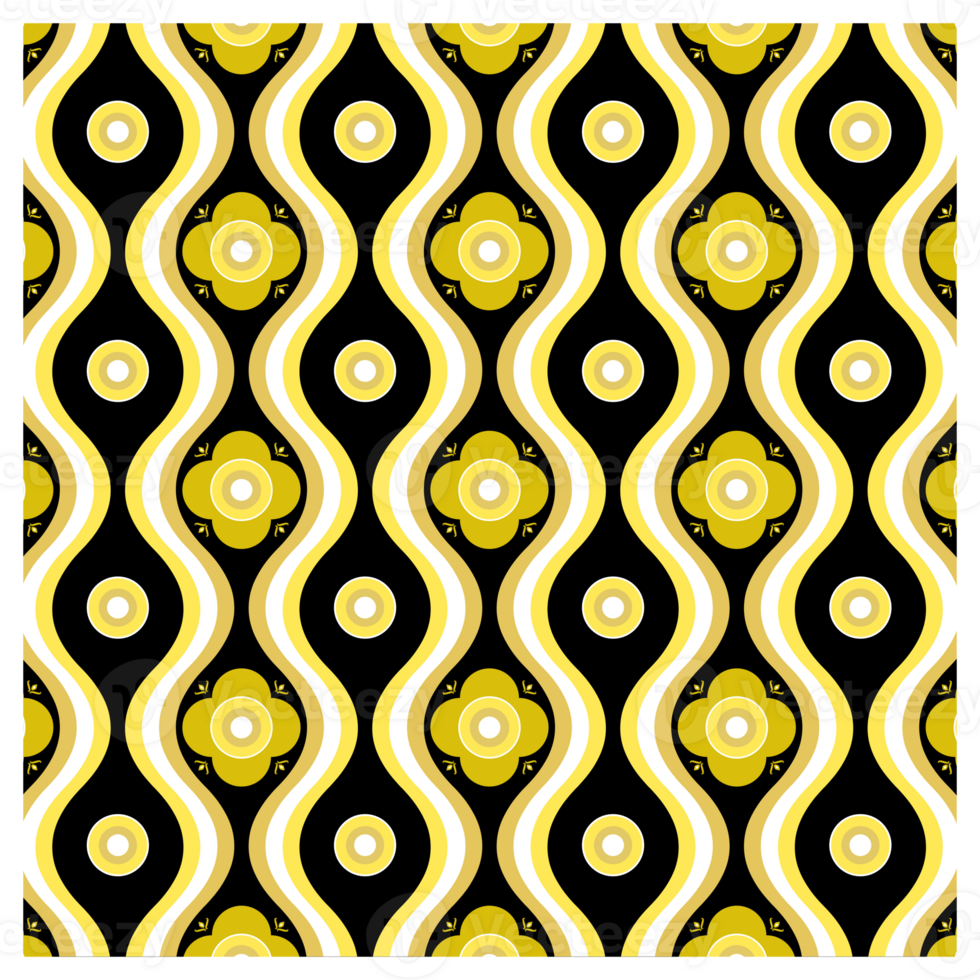 Yellow And Black Retro Seventies Flowers And Wavy Lines Pattern png