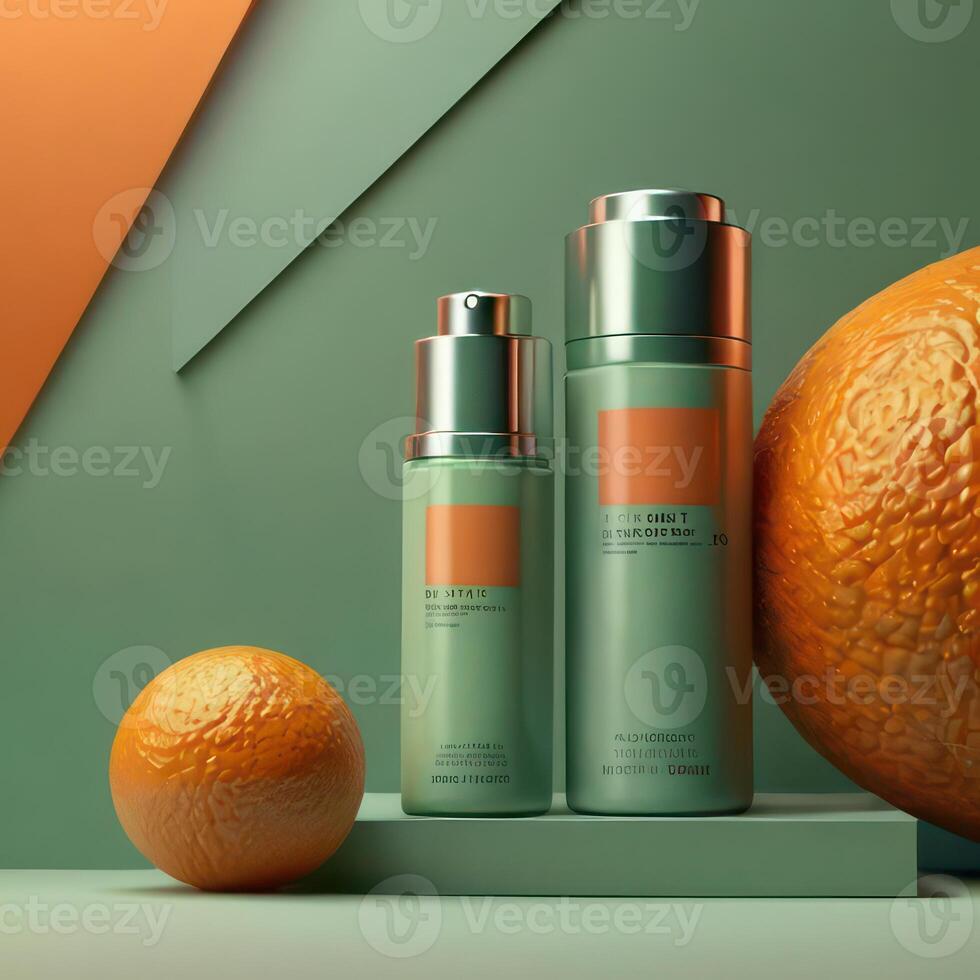 AI generated Two light green cosmetic beauty product podiums, pastel orange yellow gradient background, minimal mockup background for product cosmetic presentation 3d rendering photo