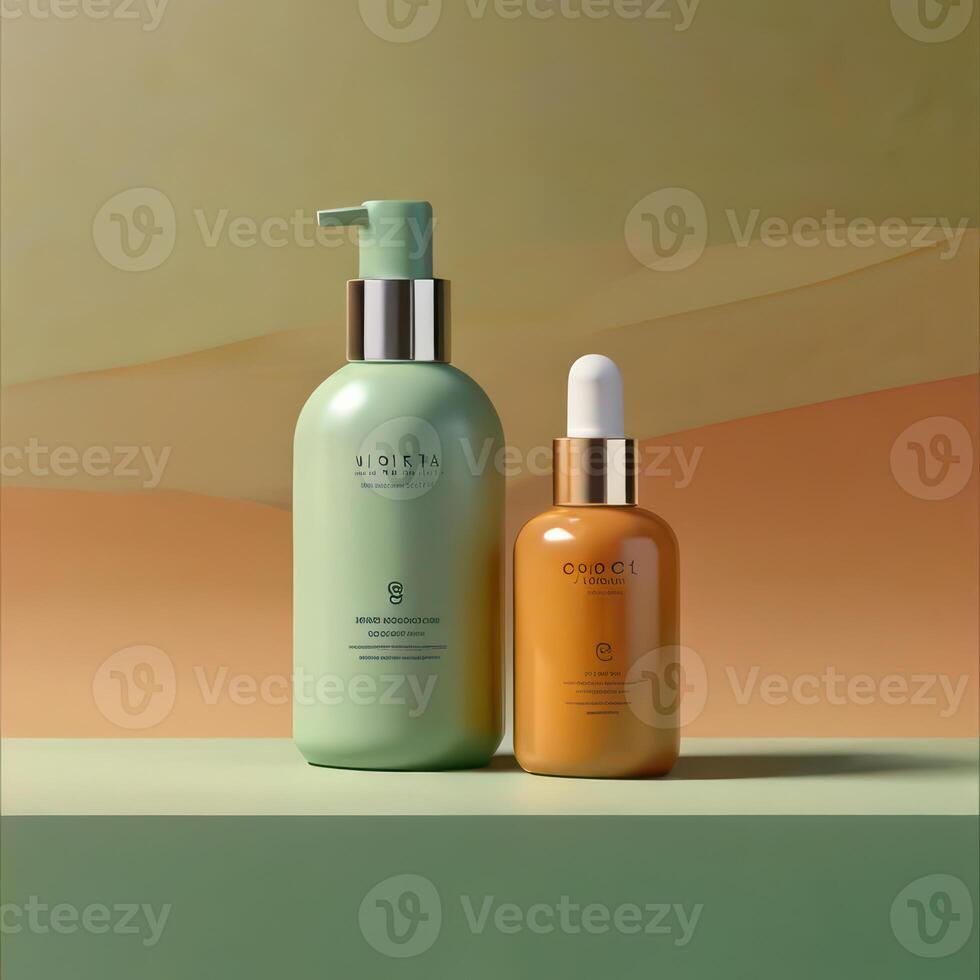 AI generated Two light green cosmetic beauty product podiums, pastel orange yellow gradient background, minimal mockup background for product cosmetic presentation 3d rendering photo