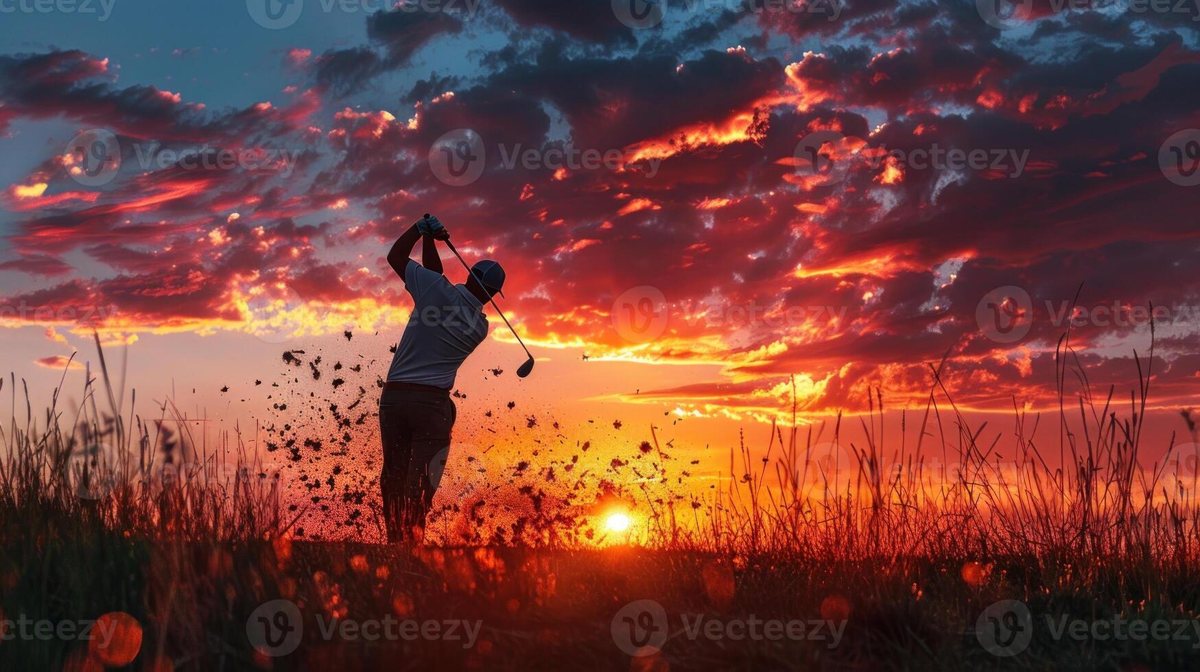 AI generated A man is playing golf in a field with a beautiful sunset in the background. The sky is filled with clouds, and the sun is setting, creating a warm and serene atmosphere photo