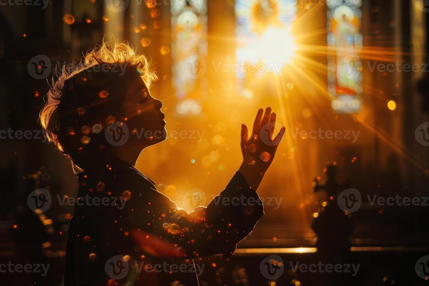 ai generado un joven niña es Orando en frente de un Iglesia ventana foto