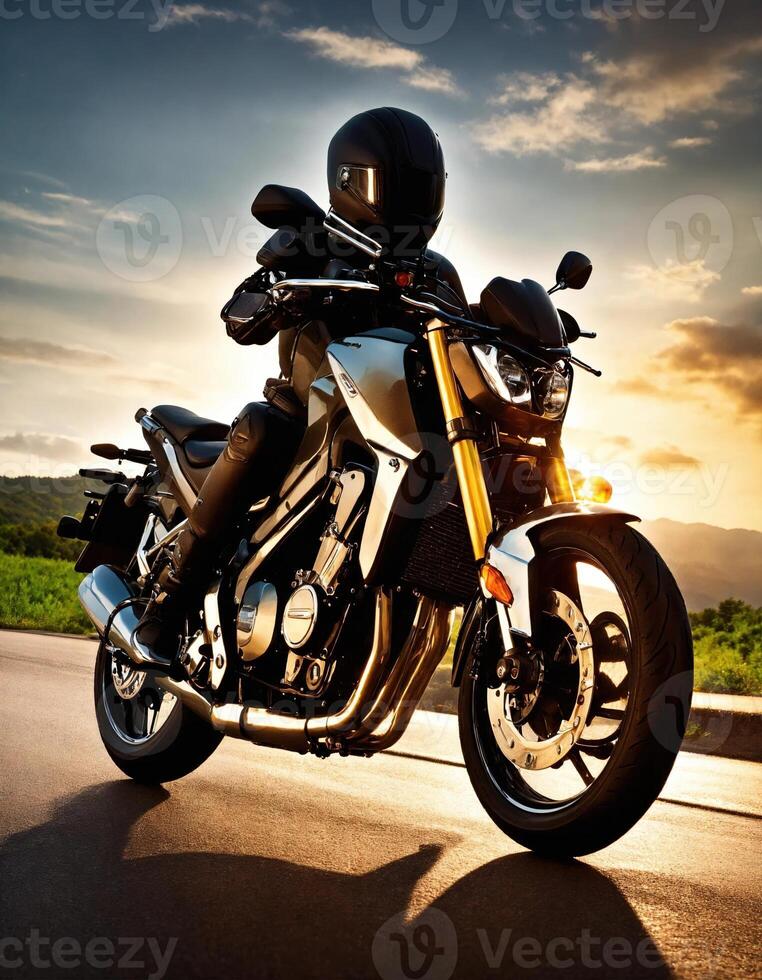 AI generated Motorcyclist riding a motorcycle on a country road at sunset. ai generative photo
