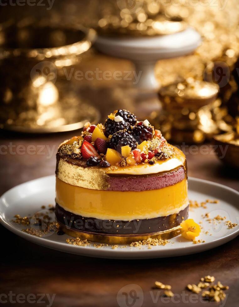 AI generated Chocolate cake with whipped cream and fresh fruits on a dark background. ai generative photo