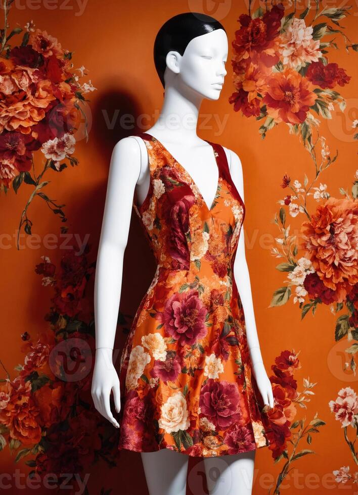 AI generated Fashionable evening orange summer dress on a mannequin. ai generative. ai generative photo