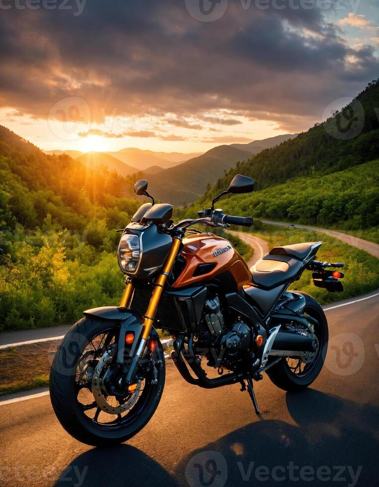 AI generated Motorcyclist riding a motorcycle on a country road at sunset. ai generative photo