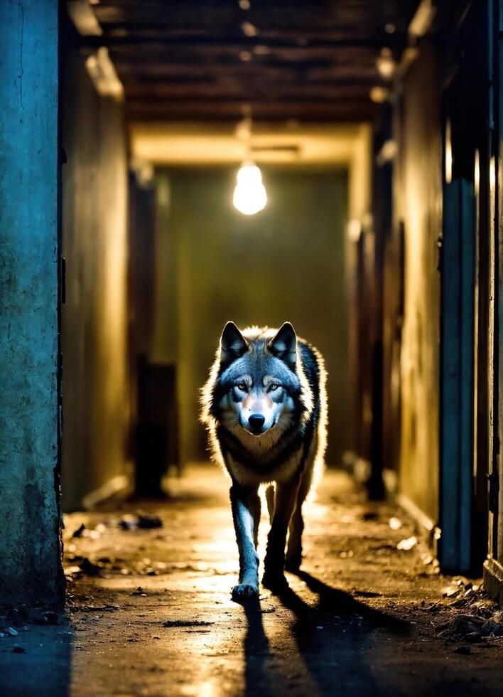 AI generated Portrait of a wolf in a dark corridor at night. ai generative photo