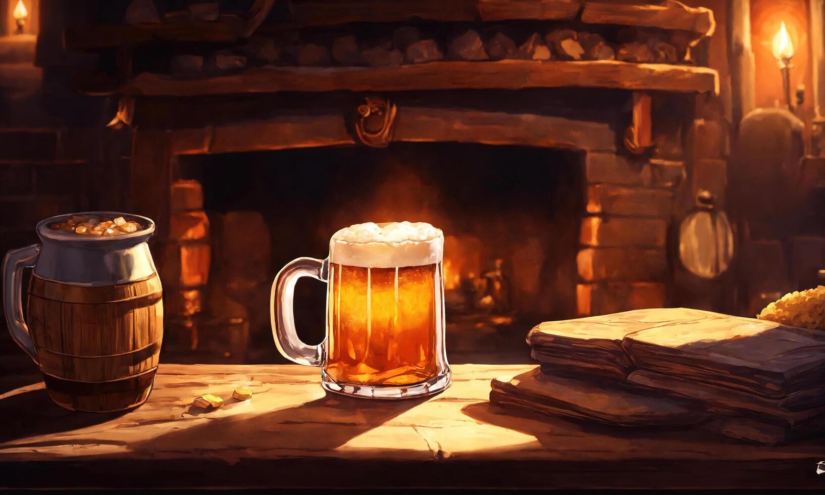 AI generated Mug of beer on a wooden table in a pub or bar. ai generative photo