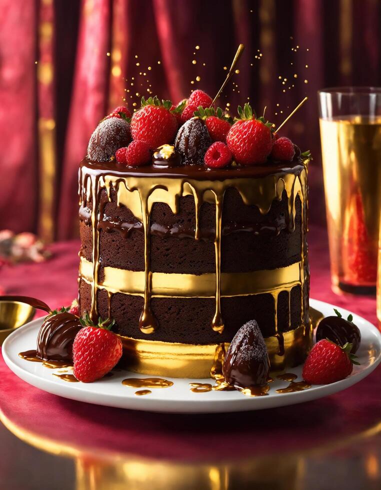 AI generated Chocolate cake with whipped cream and fresh fruits on a dark background. ai generative photo