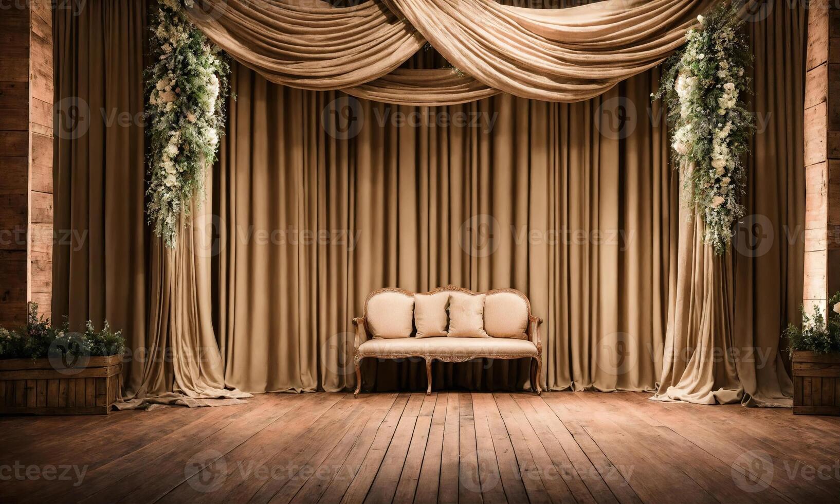 AI generated Interior of a rustic room with a beige sofa and curtains. ai generative photo