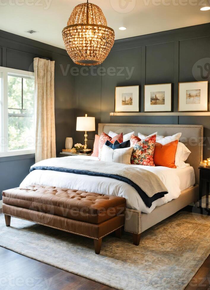 AI generated interior of classic bedroom, comfortable king size bed. ai generative photo