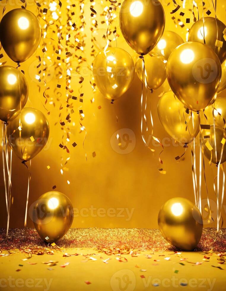 AI generated Celebration background with colorful balloons, confetti and golden ribbons. ai generative photo