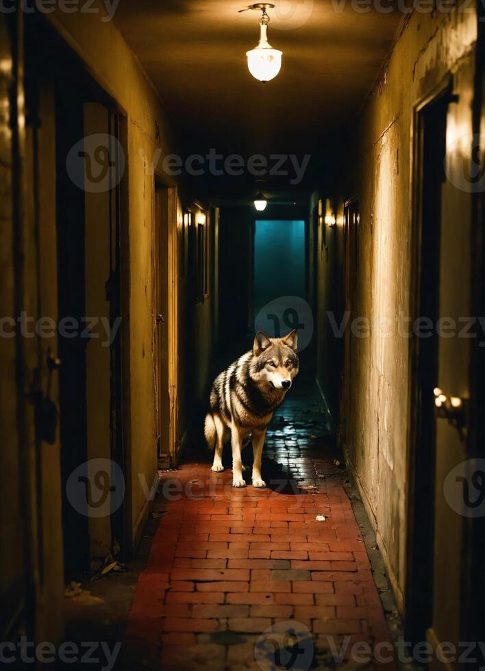 AI generated Portrait of a wolf in a dark corridor at night. ai generative photo